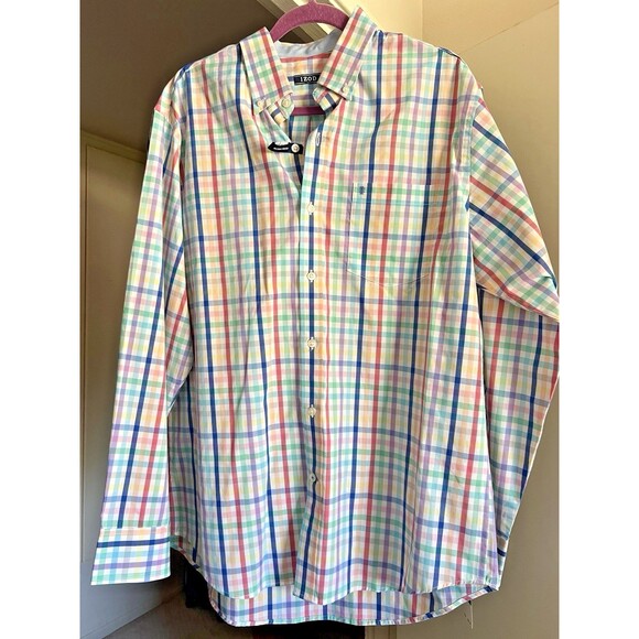 IZOD Men’s L Rainbow Plaid Shirt Button-Up Long Sleeve Multicolor NWT - Picture 1 of 12